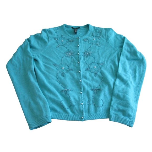 Lucky Brand Light Blue Beaded Cardigan Faux Pearl Button Wool Blend Ladies L EUC - Picture 2 of 16